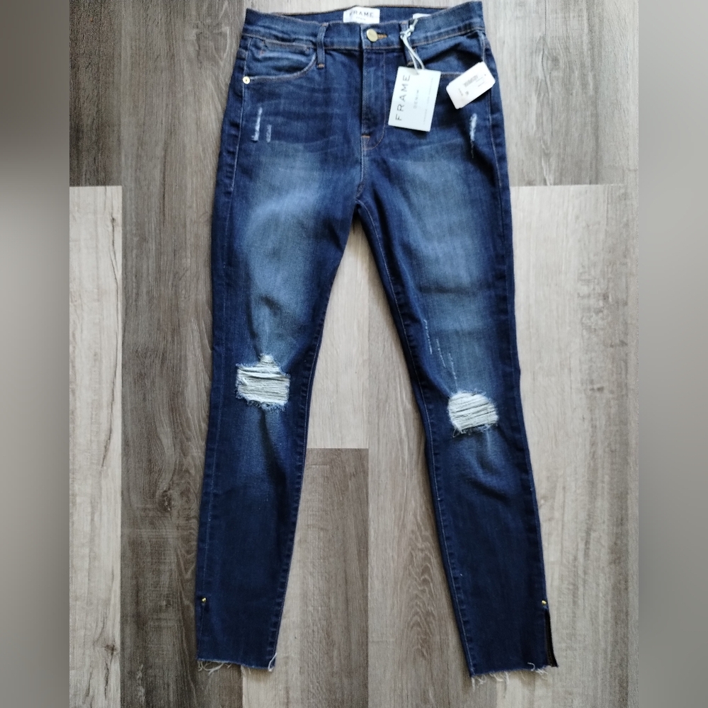 Frame Denim Le High Blue Skinny Jeans with Raw Hem 27